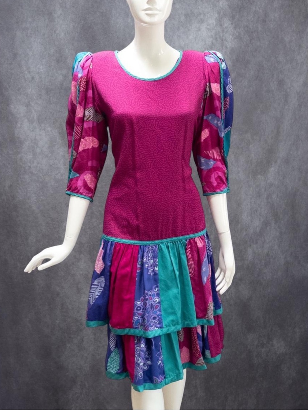 Jeanne Marc Vintage Mixed Print Tiered Drop Waist Dress Size M, Fuchsia &‎ Teal